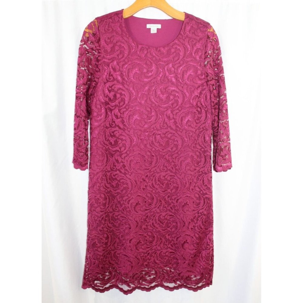 Garnet Hill Womens Red Lace Overlay 3/4 Sleeve Pullover Dress 8